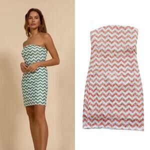 Kasia Sequin Strapless Mini Dress Chevron Orange / White Size M  NWT